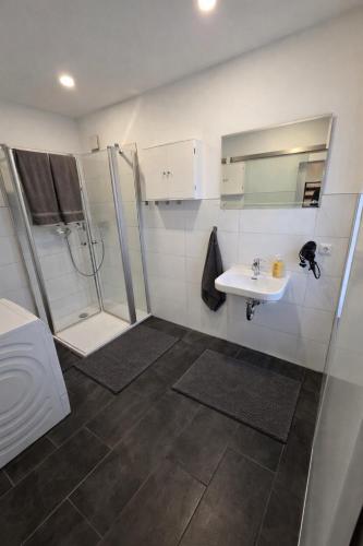 a bathroom with a shower and a sink at Ferienwohnung NR2 in Großräschen
