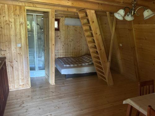 a wooden cabin with a bunk bed and a ladder at AA Apartman - Tópart in Kaposvár