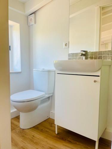 a white bathroom with a toilet and a sink at Quinta da Bela Vista in Lagos