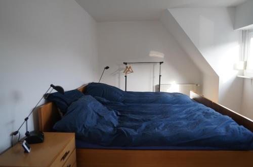 a bed with a blue comforter in a bedroom at Ferienwohnung in der Region Warstein in Warstein