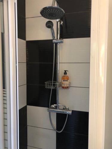a shower in a black and white striped wall at Le studio de St Martin in Saint-Martin-de-lʼArçon