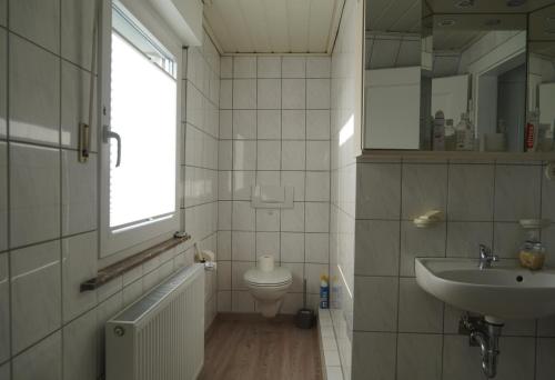 a bathroom with a sink and a toilet and a window at Ferienwohnung in der Region Warstein in Warstein