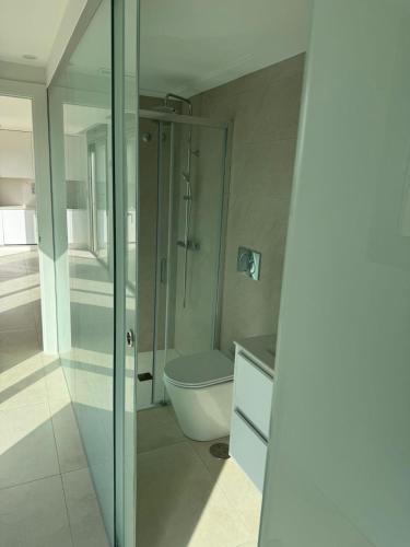 a bathroom with a toilet and a glass shower at Casa la Pluma Torrevieja in Torrevieja