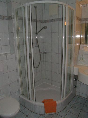 a bathroom with a shower and a toilet at Alpengasthof Götschenalm in Bischofswiesen