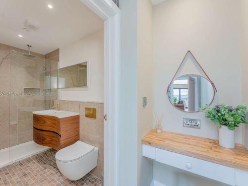 a bathroom with a toilet and a sink and a mirror at 3 Bed in Montgomery oc-88641 in Llandyssil