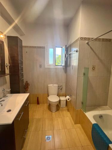 a bathroom with a toilet and a sink and a tub at Villa Melissani in Karavomylos