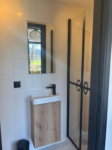 a bathroom with a sink and a mirror at Maison Aline in Hotton