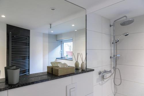 a white bathroom with a shower and a mirror at Am Waldrand in Radis