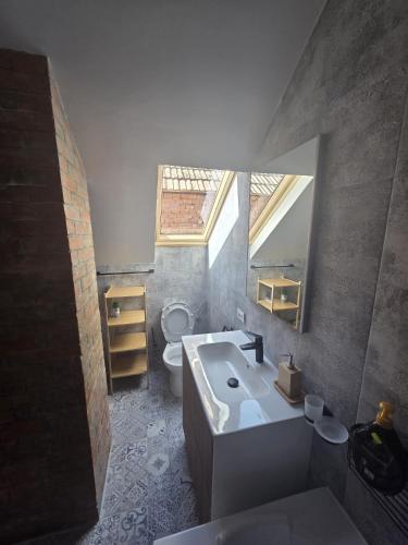 a bathroom with a tub and a toilet and a sink at La casa morarului in Cârțișoara