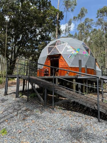 an iguana house with a roof on a platform at La Roca Glamping in Arcabuco