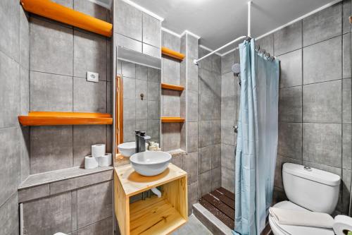 a bathroom with a sink and a toilet and a shower at Houten Apartment Apulia in Apúlia