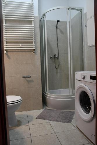 a bathroom with a shower and a washing machine at Platan 17 in Świnoujście
