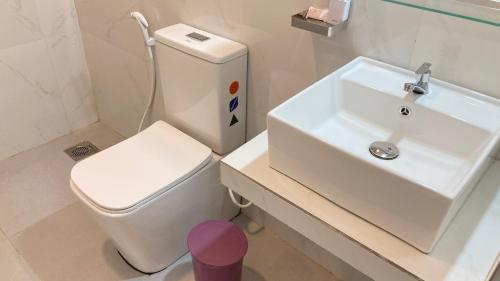 a white bathroom with a sink and a toilet at Joy Land Resort in Habarana