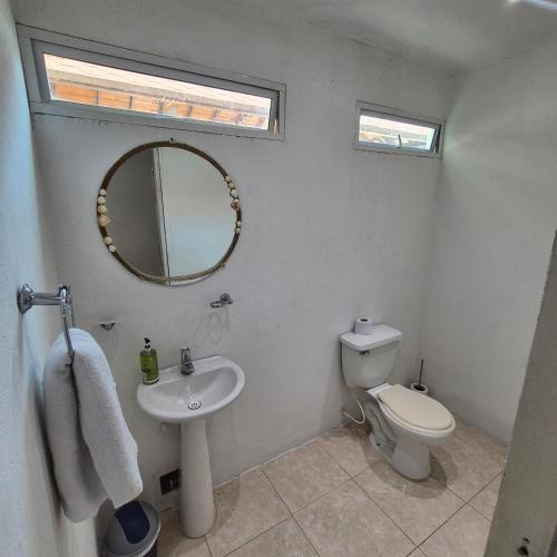 a bathroom with a toilet and a sink and a mirror at Hostal Casa del Palmar in Santa Marta