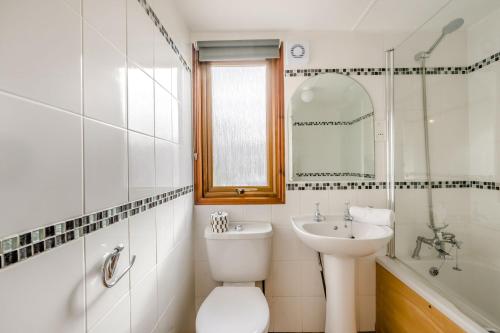 a bathroom with a toilet and a sink and a mirror at Athelington lodge - Beech in Eye
