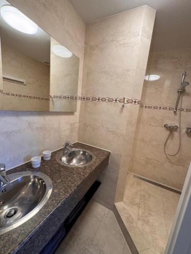a bathroom with a sink and a shower at Appartementen Zeezicht - 3 in Katwijk aan Zee