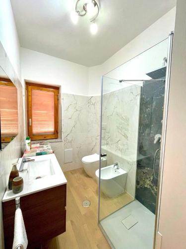 a bathroom with a shower and a sink and a toilet at Casa Vacanza Regina in Scalea