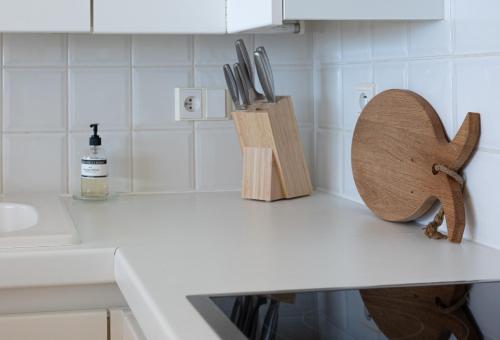 a kitchen counter with a cutting board and knife holder at Villa Castelli 52 Groenendijk in Nieuwpoort