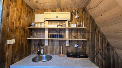 a bathroom with a sink in a wooden wall at Mountain View 2 in Tjentište