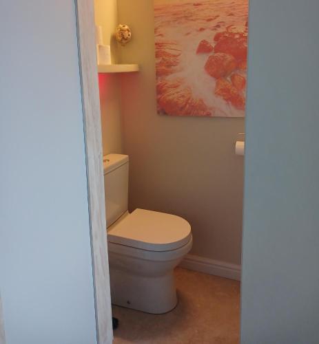 a bathroom with a toilet with a painting on the wall at Kaaimans Crest Ocean-View Studio in Great Brak River