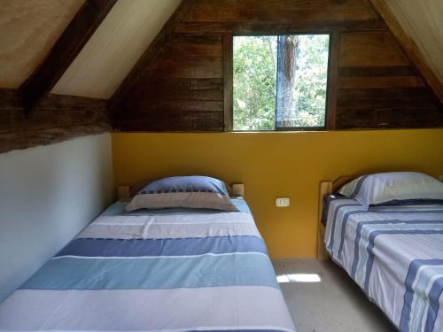 two beds in a room with two windows at Lucmabamba Cabaña de los Duendes in Sahuayacu