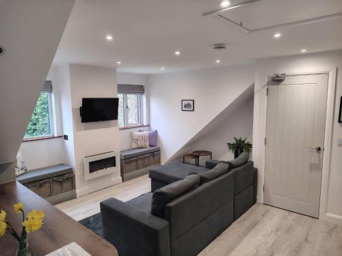 a living room with a couch and a tv at Lavender Lodge - Modern apartment in York, near Racecourse in Copmanthorpe