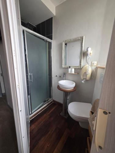 a bathroom with a toilet and a sink and a shower at L'Âme du Gourmand in Pontorson