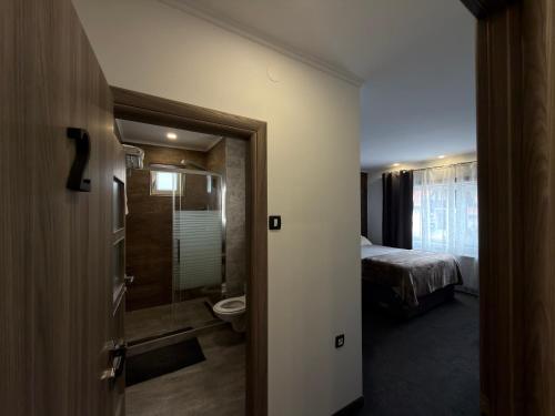 a room with a bathroom with a toilet and a bed at Luxury rooms Lira in Ogulin