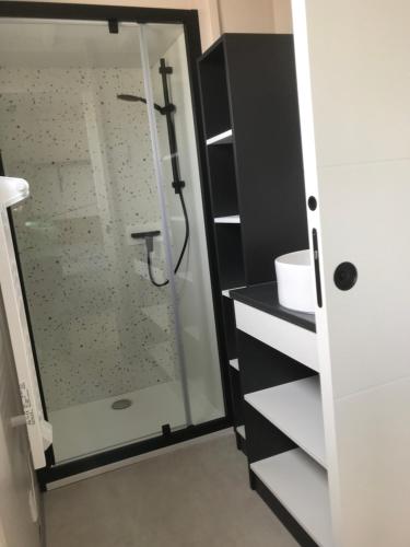 a bathroom with a shower with a glass door at Martinette in Saint-Pair-sur-Mer