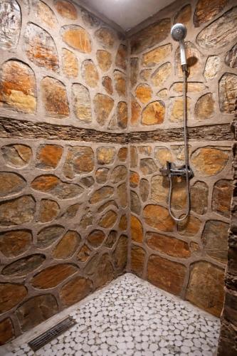a stone bathroom with a shower in a stone wall at Dar izem in Tafraout
