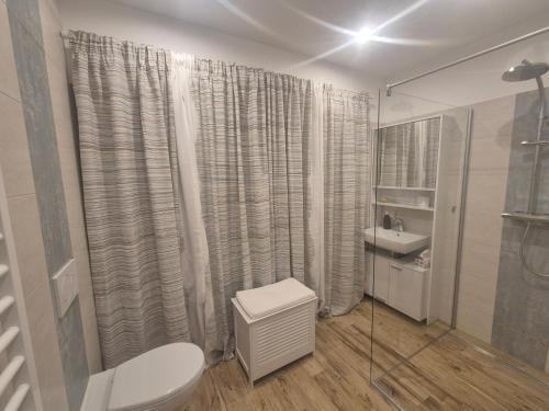 a white bathroom with a toilet and a sink at Dein Zuhause am See in Millstatt