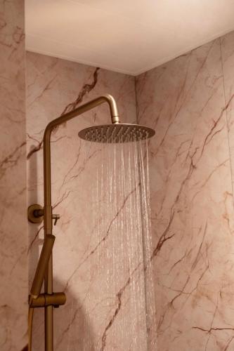 a shower with a shower head in a bathroom at Boerderij de Voorste Eng in Otterlo