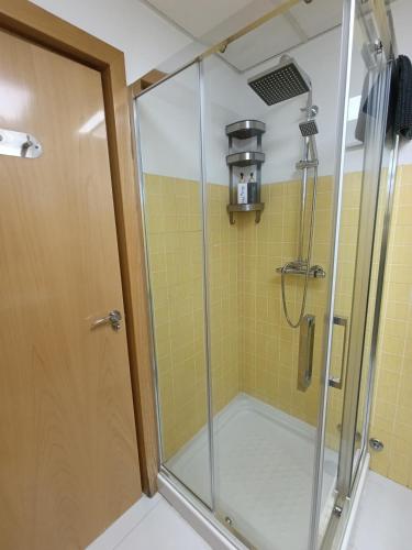 a shower with a glass door in a bathroom at La Alameda Jardines del Prado -Amplio y con ascensor- in Talavera de la Reina