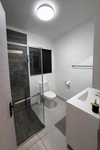 a bathroom with a shower and a toilet and a sink at 6 On Santorini in Langebaan