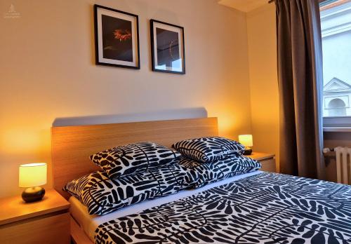 a bedroom with a bed with two pillows on it at City Center Apartments - Moderna Brno Římské náměstí IV in Brno