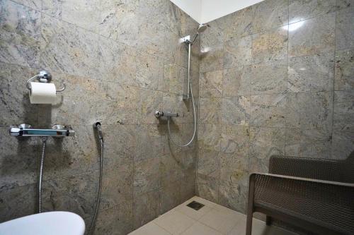 a bathroom with a shower with a toilet and a sink at Alexandra Šport Hotel in Púchov