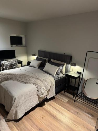 ein Schlafzimmer mit einem großen Bett und einem Spiegel in der Unterkunft Selás 5 in Jarðlangsstaðir