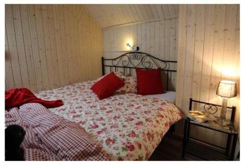 a bedroom with a large bed with red pillows at Lovely chalet in Alps in Bad Kleinkirchheim