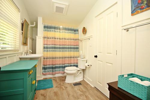 a bathroom with a toilet and a sink at Frog Cottage on the Blanco in Wimberley
