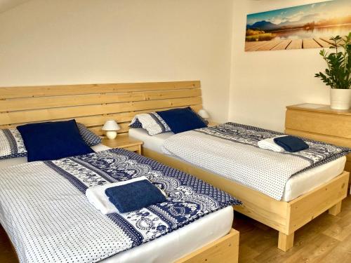 two beds sitting next to each other in a room at Apartmany a Ubytovani Mlynice Litovel in Litovel