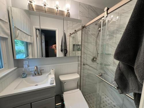 a bathroom with a toilet and a sink and a shower at Super Comfy 3 BR Home Sleeps 8 in Doraville