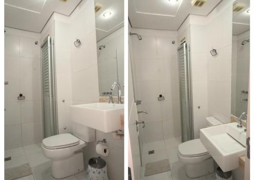 two images of a bathroom with a toilet and a sink at Zona shopping del Sol, Asunción in Asunción