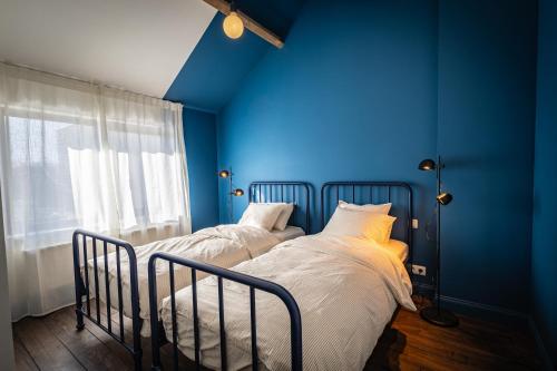 two beds in a room with blue walls at Ferox Stay in Varsenare