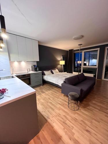 a living room with a bed and a couch at Studio Nuppu Comfort, AC in Trnávka