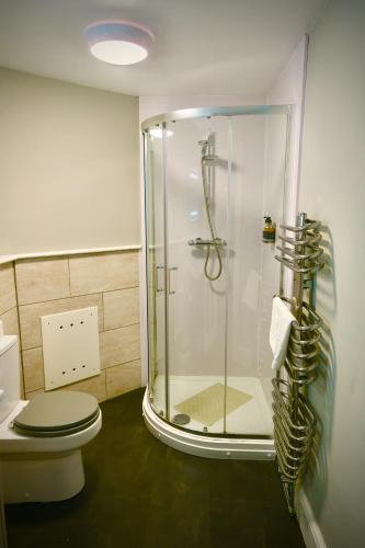a bathroom with a shower and a toilet at The Wynnstay in Machynlleth