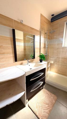 a bathroom with a sink and a shower at La Halte Montbrisonnaise in Montbrison