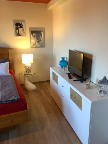 a bedroom with a bed and a tv on a dresser at Ferienwohnung Himmel und Hölle in Freiberg