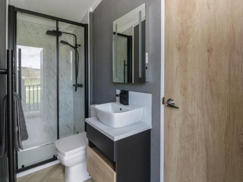 a bathroom with a sink and a toilet and a mirror at Dawn's Rest in Rhayader