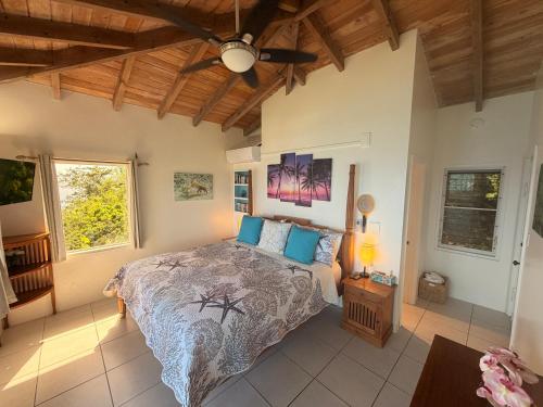 a bedroom with a large bed with blue pillows at A Newly Renovated Luxury 4 Bed Villa in Tortola Island