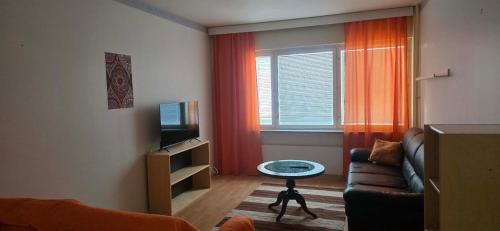 a living room with a couch and a table and a window at Pankkikallio 16 in Sorsakoski